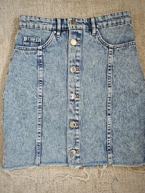 Womens Denim Mini Skirt Size 2 High Rise Raw Hem Blue Jean Skirt Button Front